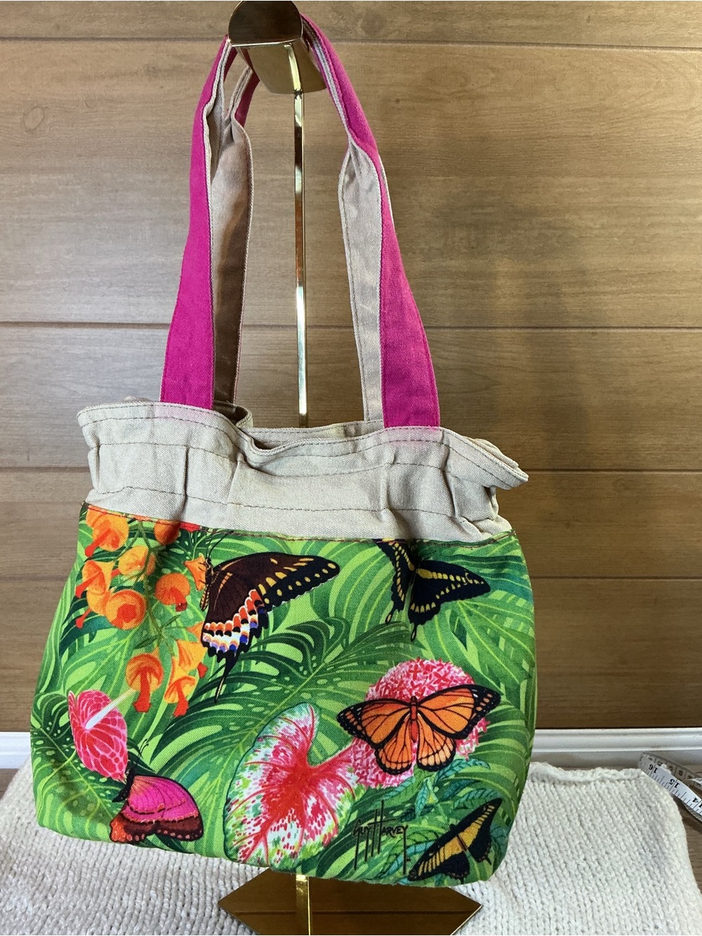Guy Harvey Tropical Butterfly Canvas Tote Bag Pink Green Beach Resort